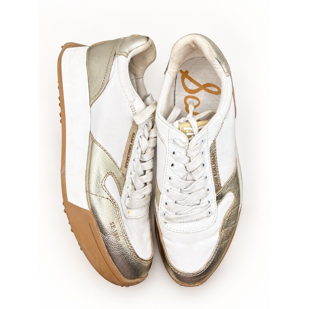 Sam Edelman Layla White and Gold Metallic Leather Sneakers Womens Size 9.5 M